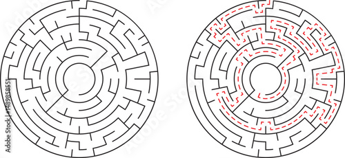 Circular maze illustration showing solution path for problem solving and strategic thinking