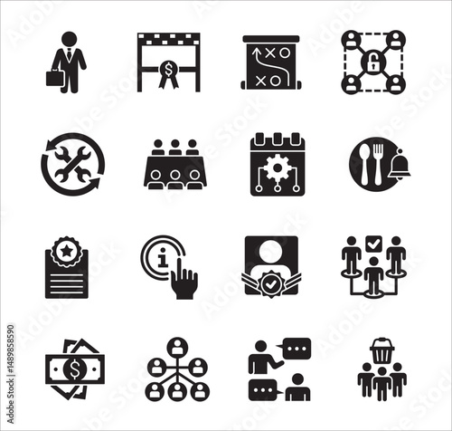 Business management flat icon set. Contains symbol of hierarchy, data, reward, work, money, employee, businessman, target, finance, lunchtime, success, task, shop, meeting, job. Vector illustration