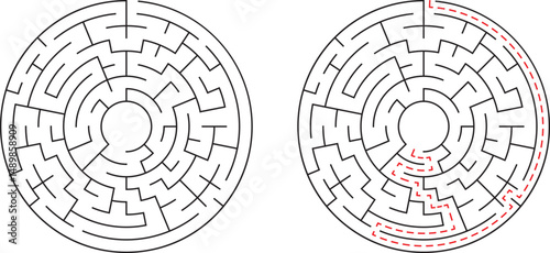 Complex circular maze with solution path illustrating problem solving and navigation