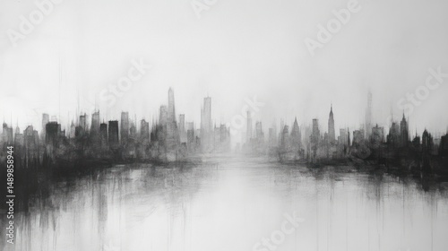 City skyline reflection monochrome urban sketch illustration
