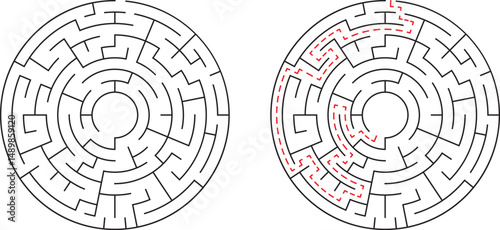 Circular labyrinth maze illustrating challenge solution strategy and problem solving concepts