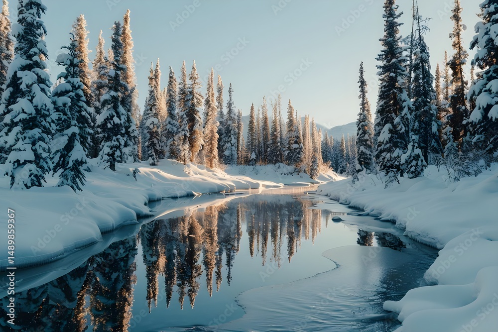 Obraz premium Winter Wonderland: Serene River Reflects Snow-Covered Coniferous Forest at Sunrise, a Picturesque Frozen Landscape Displaying Nature's Beauty in a Breathtaking Panorama.