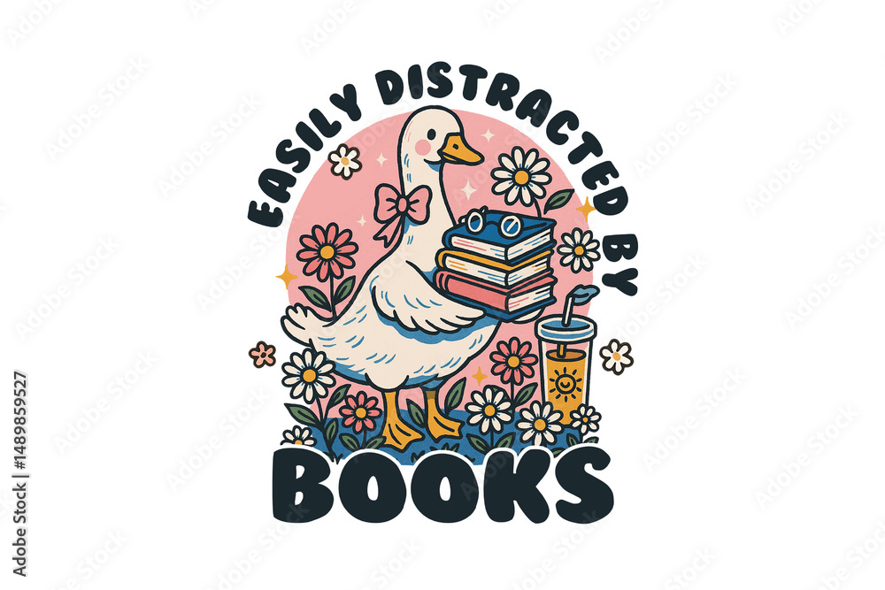 Obraz premium Easily Distracted by Books - Goose Holding Books Reading Book Sublimation Design