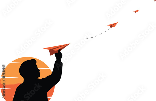 Person with Paper Airplane at Sunset - Minimalist Vector Design