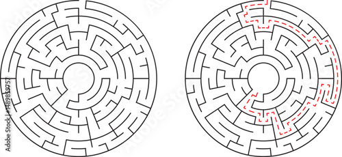 Circular maze with path solved concept for problem solving and strategic thinking