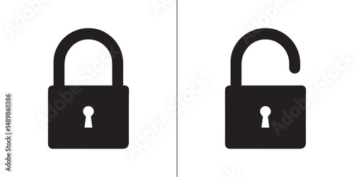 Black isolated icon of locked and unlocked lock vector on white background.