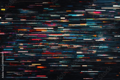 Abstract digital glitch art.  Colorful horizontal lines overlayed on a dark background, creating a dynamic visual effect