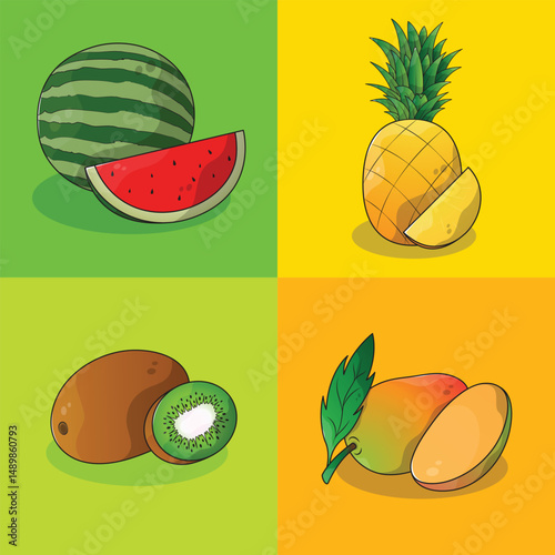 Set of summer fruits. watermelon, kiwi, mango, pineapple illustrations.
