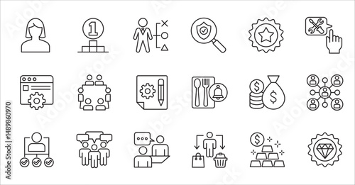 Business company and Management icon set. Contains symbol of success, data, reward, work, money, employee, businessman, target, finance, lunchtime, task, shop, meeting, education. Vector illustration