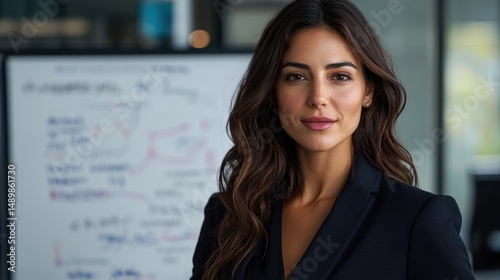 Free Download A woman in a black suit stands in front of a white board with a lot of writing o - GFXLoad