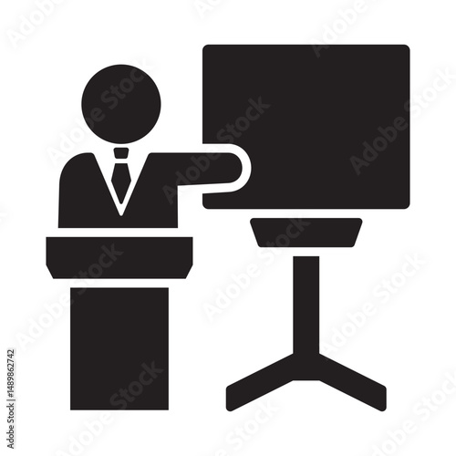 Businessman with board icon. Target achievement icon. Icon symbol of meeting, presenting, success, training, learning, teaching. Vector illustration