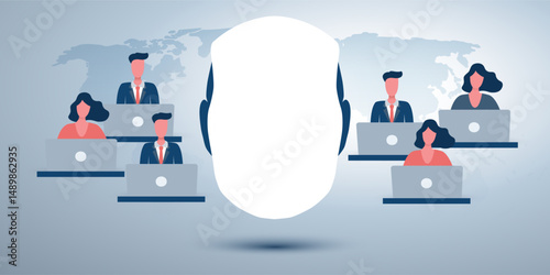 Conceptual illustration of AI supporting and overseeing remote workers working on laptops across a global map, symbolizing intelligent assistance in business and distributed workforce management.