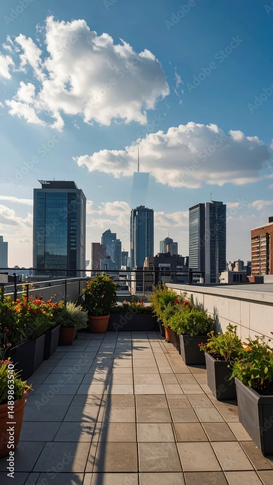 Fototapeta premium Rooftop View Over City Skyline with Beautiful Cloudy Sky Scene