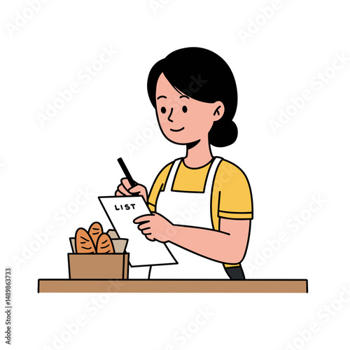 Woman in an apron making a shopping list while preparing baked goods