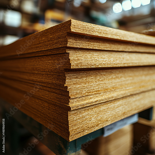 Stack of unfinished wood sheets with rough texture in workshop with warm lighting photo
