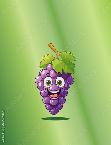 Cute grape cartoon with a wide smile and joyful eyes. Great for kids’ learning and fruity character collections