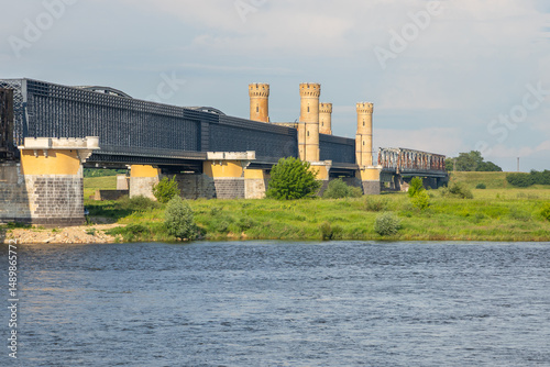 Historic railway bridge over the Vistula River in Tczew, Poland.