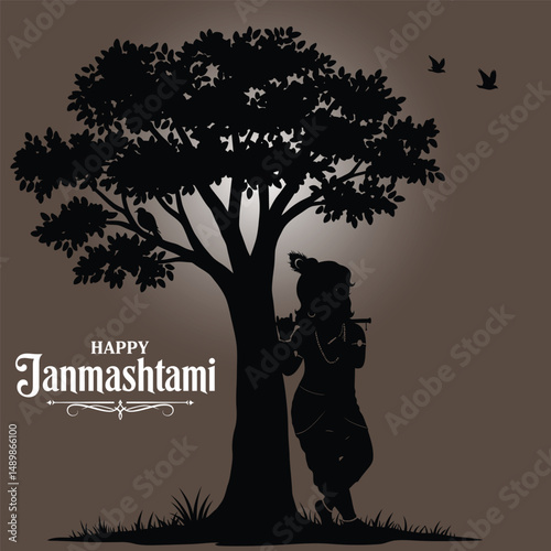 Krishna Janmashtami Silhouette Vector Art | Lord Krishna Tree Flute Playing Black Design | Hindu Festival Clipart Illustration .

