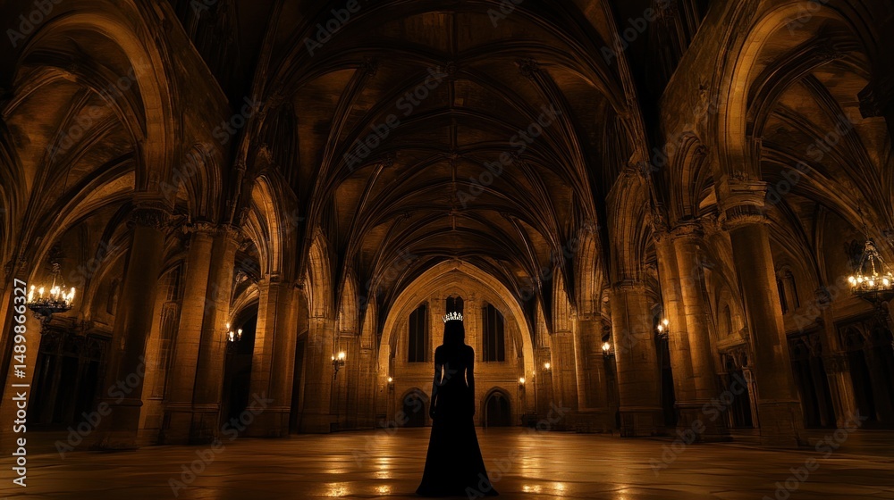 Fototapeta premium Silhouette queen crown gothic cathedral hall dramatic lighting