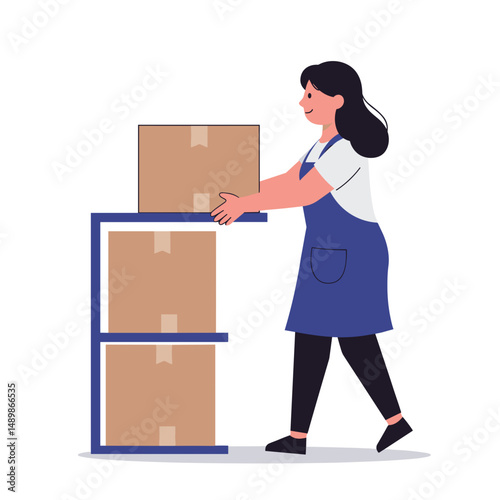 Woman in an apron stacking boxes, showcasing organization and productivity