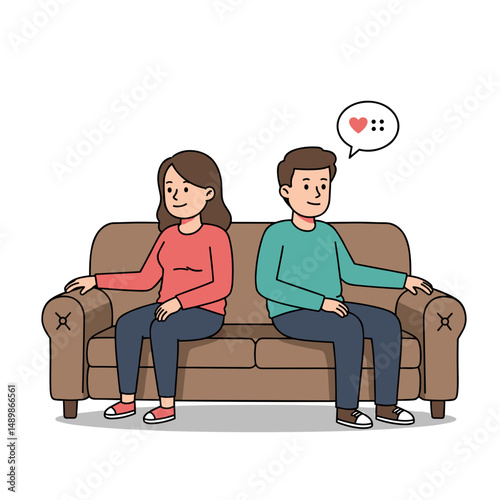 Couple sitting on a couch, sharing a soft moment of affection with hearts in the air
