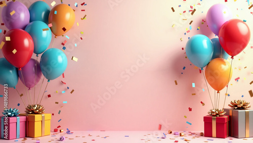 bright 3D background with colorful balloons, gift boxes, confetti and streamers scattered in the air
