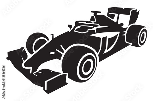 A high-resolution vector illustration of a solid black silhouette racing car, showcasing sleek design