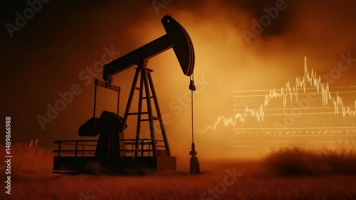 Oil pump jack extracting crude oil from the ground at night with a projected chart in the background showing an increasing trend in oil prices, suggesting a positive outlook for the oil industry