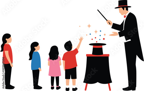Street Magician Performing for Children - Minimalist Vector