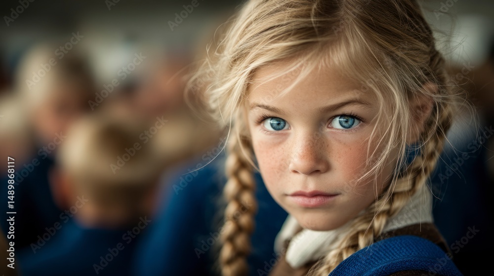 Fototapeta premium Emotional Farewell: A Young Girl’s School Event Moment Captured