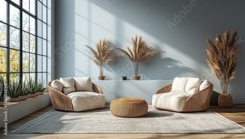 Modern living room interior design with wicker furniture.