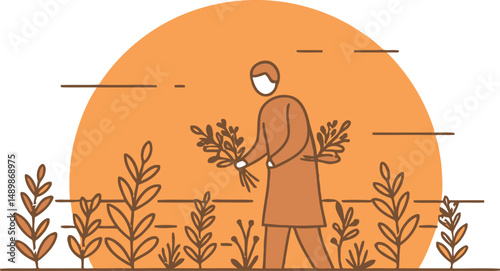 Herb Harvester at Sunrise - Minimalist Vector