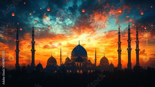 Majestic Mosque at Sunset with Fireworks and Sky Lanterns