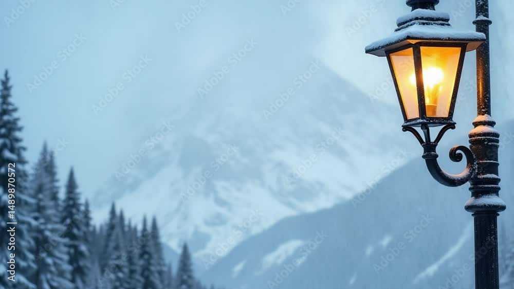 Snow covered mountain landscape with ornate street lamp in soft lighting