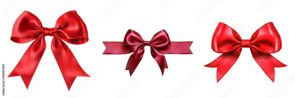Fototapeta premium Three Red Satin Bows, Gift Decoration, Isolated on Transparent Background, ribbon, design, Gift wrap, present, decoration