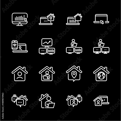 Remote Work Line Icons . Freelancer Work from Home, Video Call, Online Meeting, Teleconference Vector Set