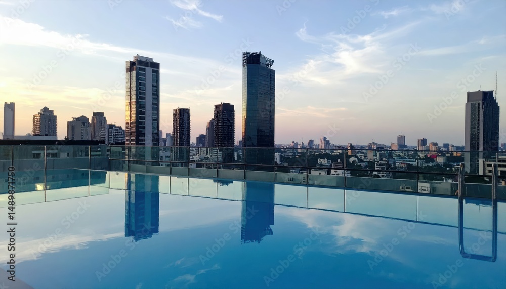 Obraz premium Serene Rooftop Pool with Reflections in a Luxurious Urban Setting