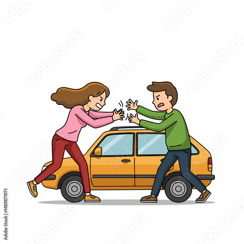 Angry couple arguing over a car, showcasing emotional tension and conflict