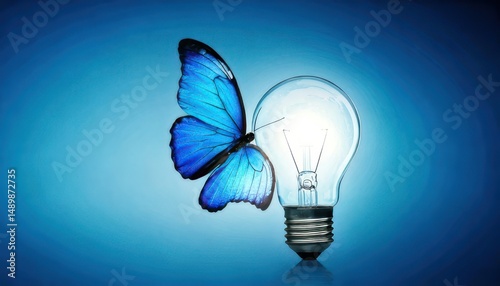 A vibrant blue butterfly rests on a glowing light bulb against a smooth blue gradient background.