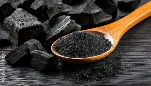 A wooden spoon holds fine black activated charcoal powder, with charcoal chunks in the background on a dark textured surface.
