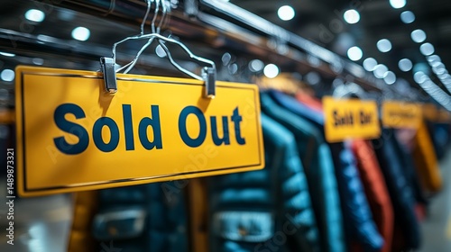Colorful winter jackets on a rack with sold-out signs show their popularity this season