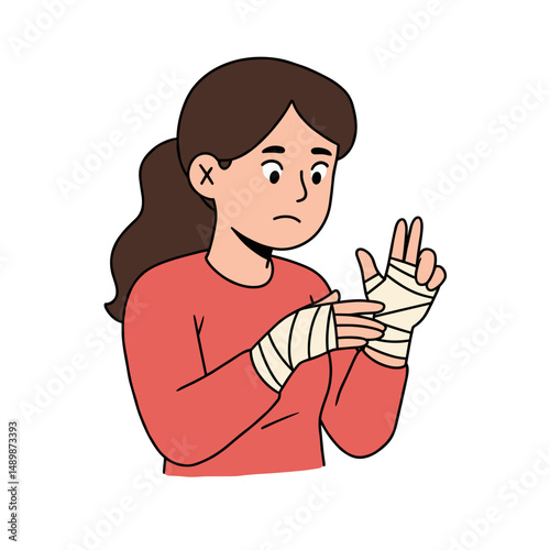 Concerned young woman wrapping her injured hand while feeling worried about her injury