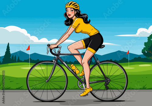 Summer healthy sports lifestyle: Cartoon illustration of a woman road cycling on a scenic route with tropical foliage and mountains under a bright sky. Active summer ride