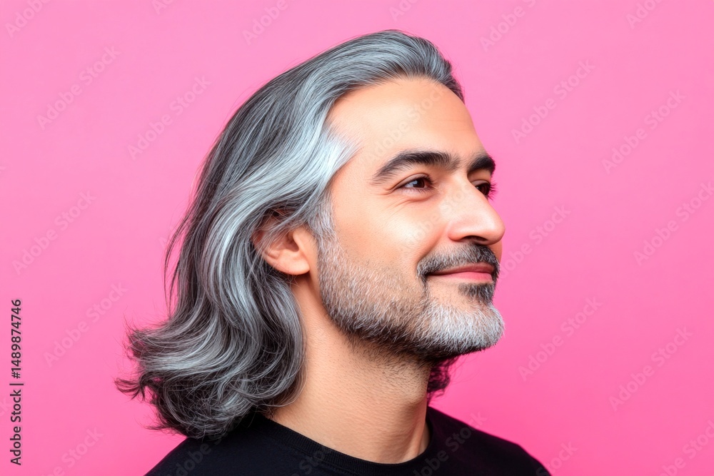Fototapeta premium Pink solid background. Trendy men's wavy fringe haircut - midlife middle eastern man with long hair. A glowing and peaceful man expressing warmth. Concept art of style for aging men.