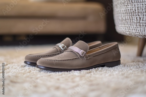 Elegant taupe loafers on a beige rug.