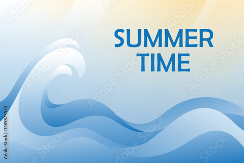 Summer time text on a quiet sea wave background. Blue simple abstract giant ocean wave backdrop.