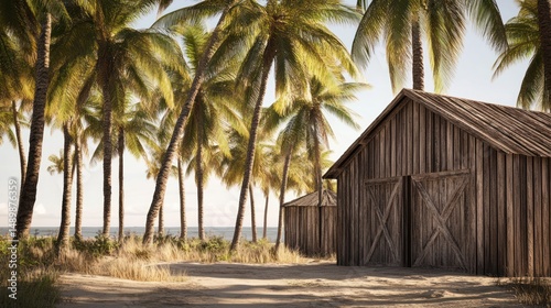Tropical beach huts, palm trees, ocean view, sunny day, vacation background
