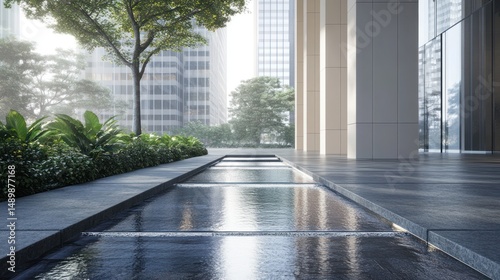 Modern building entrance, water feature, city view, tranquil oasis, architectural design