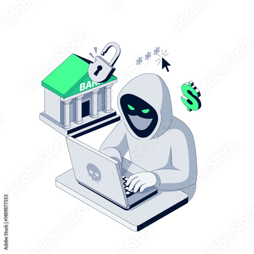 Hacker breaks into Bank data. Isometric vector illustration. Cybercriminal hacks online banking system and steals credentials