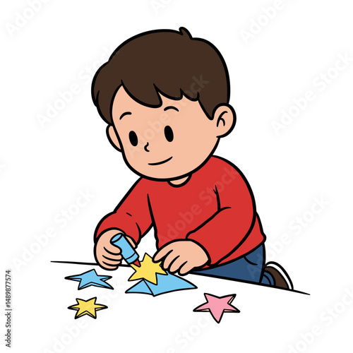 Happy boy crafting with colorful paper stars and glue, expressing creativity and joy
